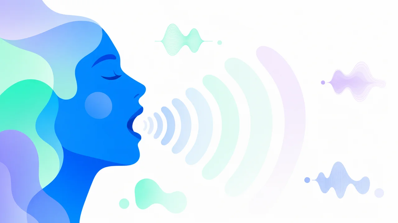 Side profile with layered sound waves representing English pronunciation practice