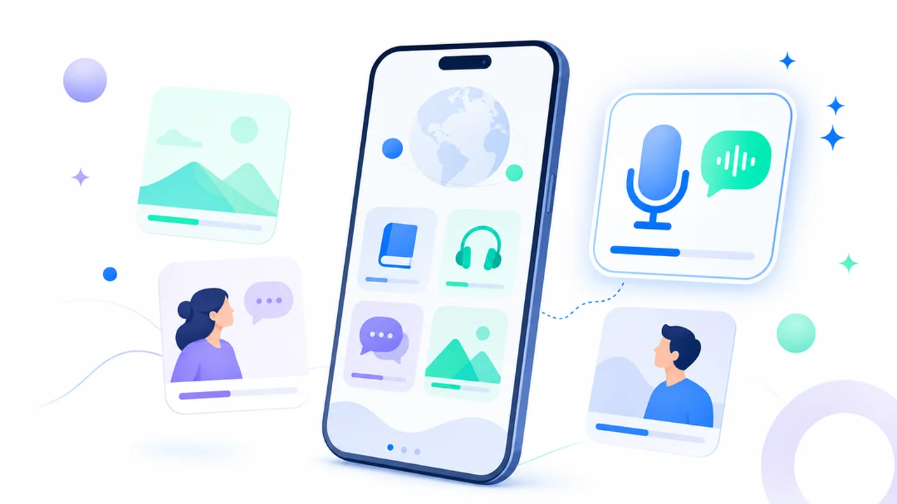 Smartphone surrounded by app cards comparing English speaking practice apps