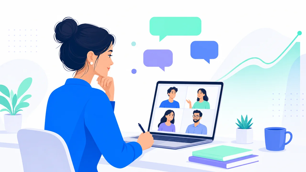 A professional speaking confident business English on a video call