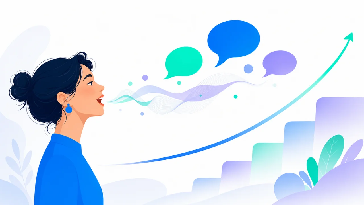 A person speaking aloud, with speech bubbles and sound waves rising upward