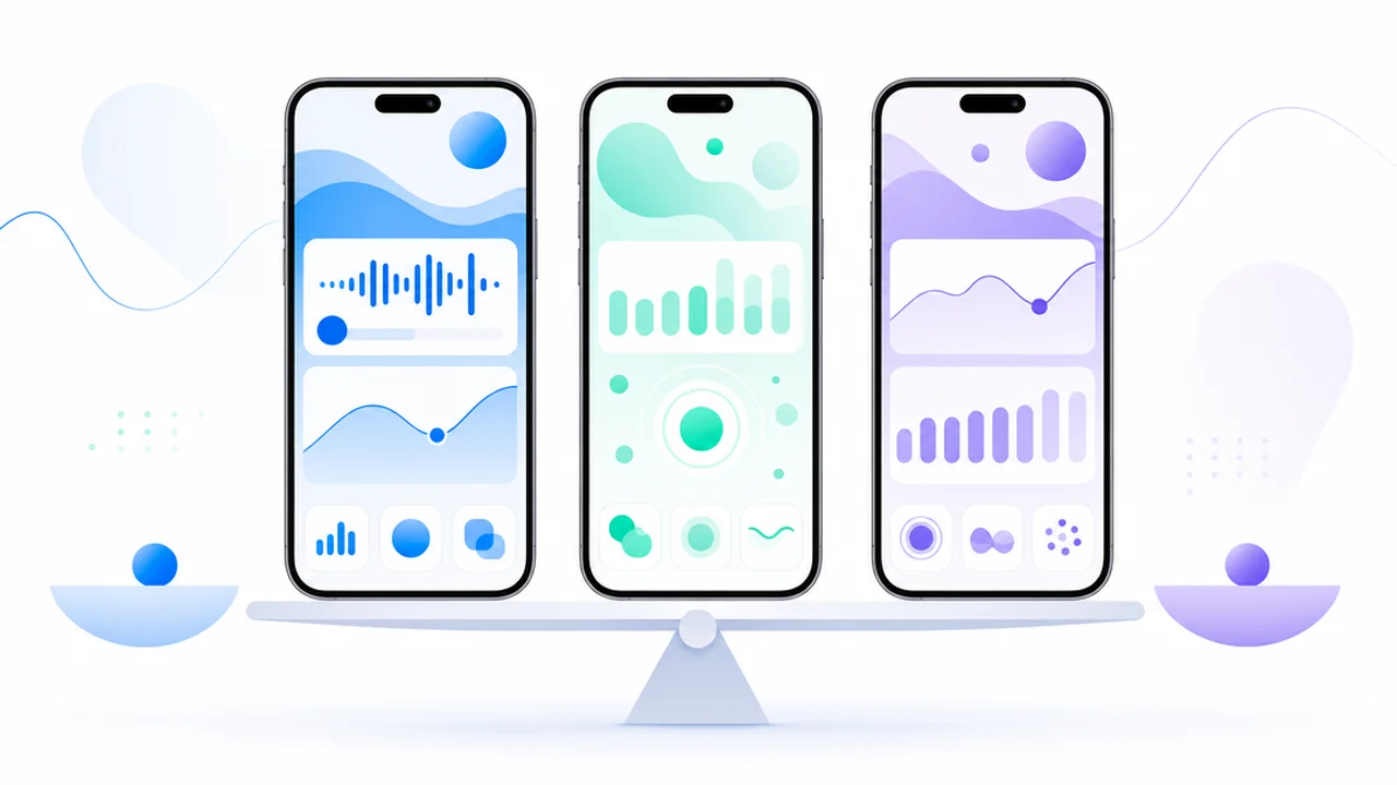 Three phones with different abstract app interfaces balanced on a stand, illustrating the comparison