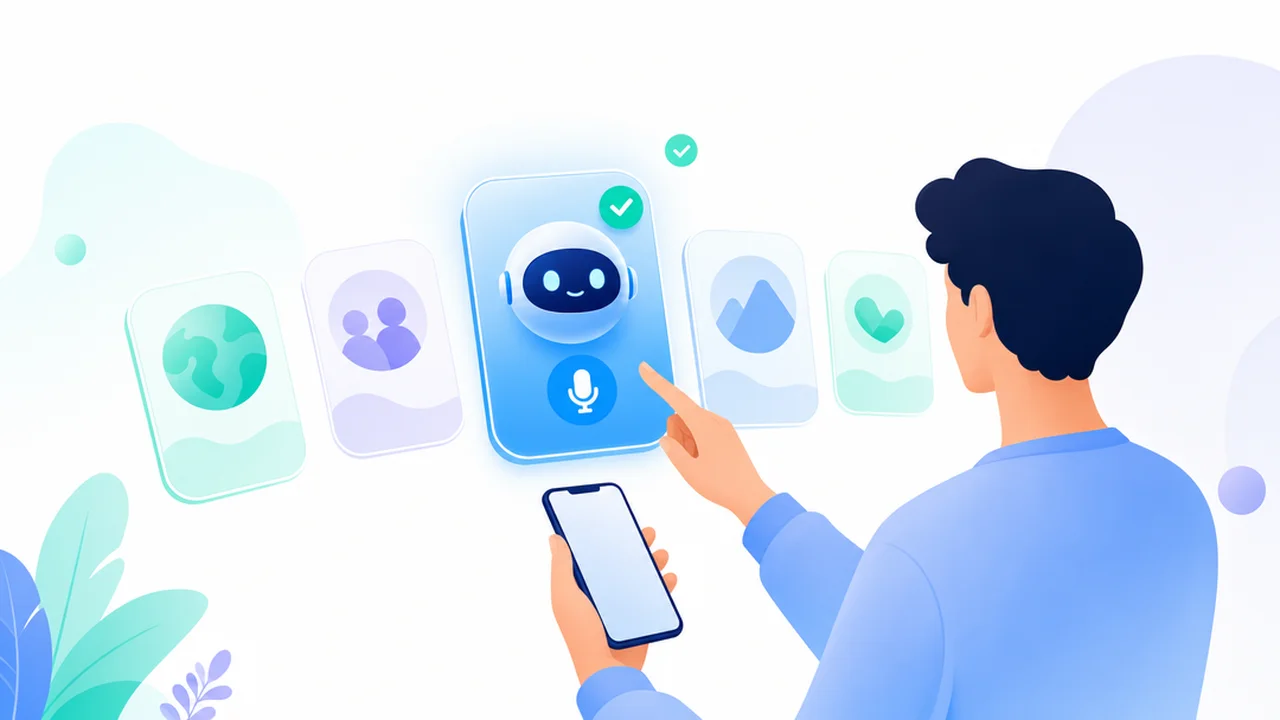 Person with a phone choosing between floating AI app cards, one highlighted with an AI orb and a microphone
