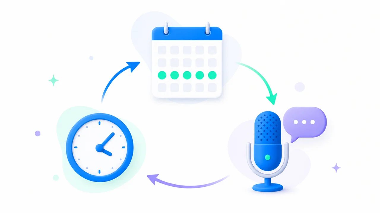 Daily practice loop connecting a calendar streak, a clock and a microphone