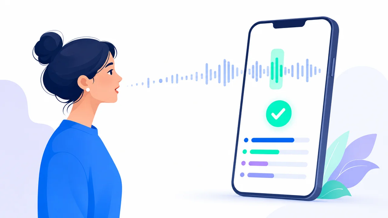Person speaking into a phone that shows a speech waveform with one highlighted sound, a check mark, and four progress bars