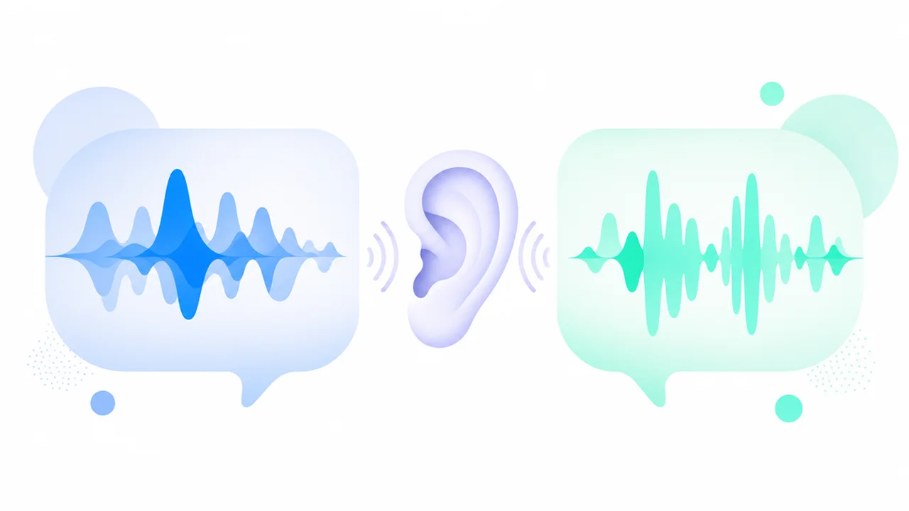 Two speech bubbles with different waveforms and an ear hearing the contrast