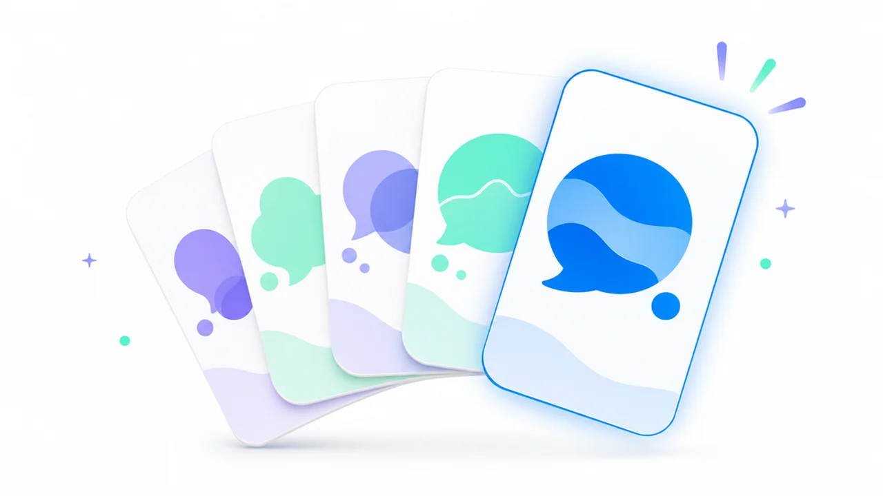 A fan of phrase cards with speech bubbles, one card highlighted in blue