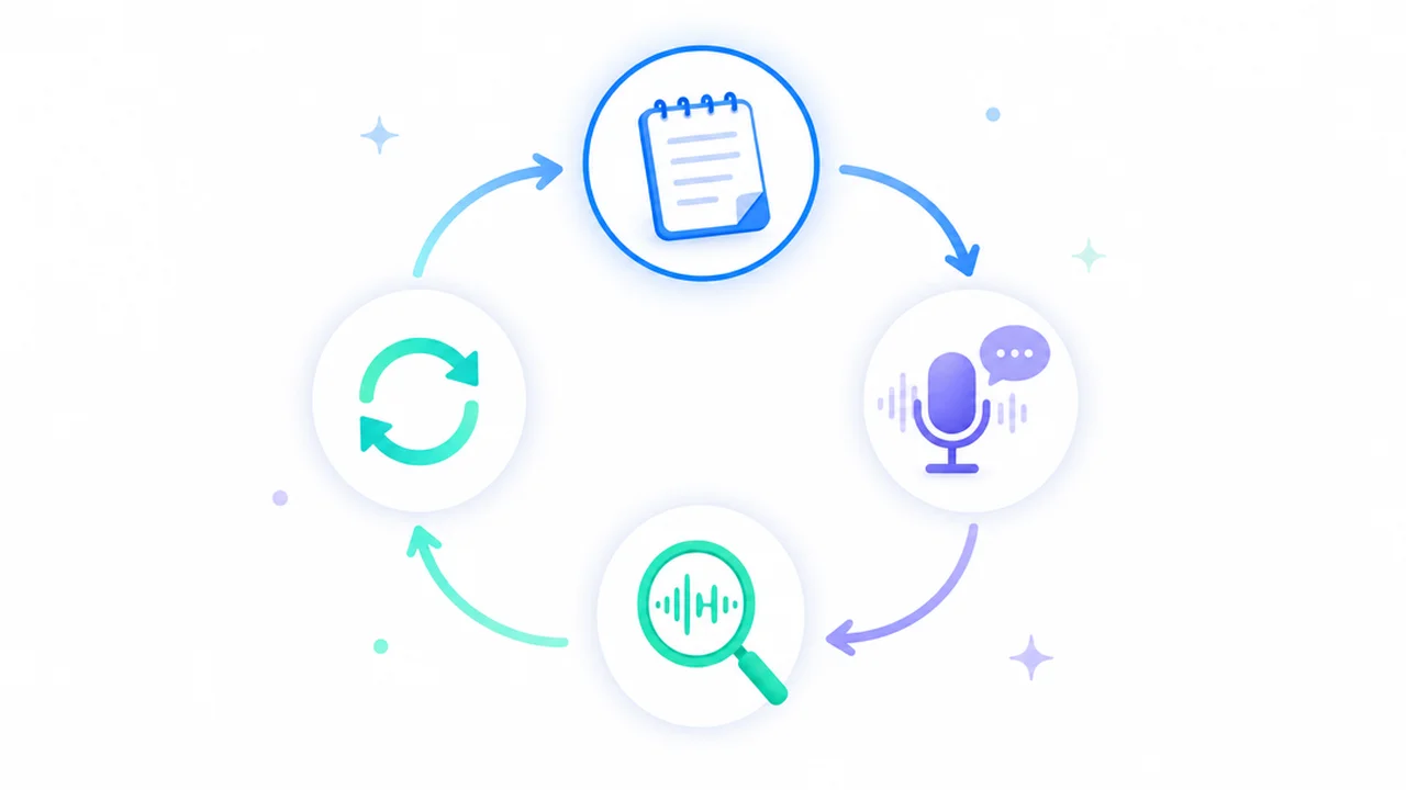 Circular four-step practice loop: a notebook, a microphone, a magnifier over a sound wave and a repeat arrow